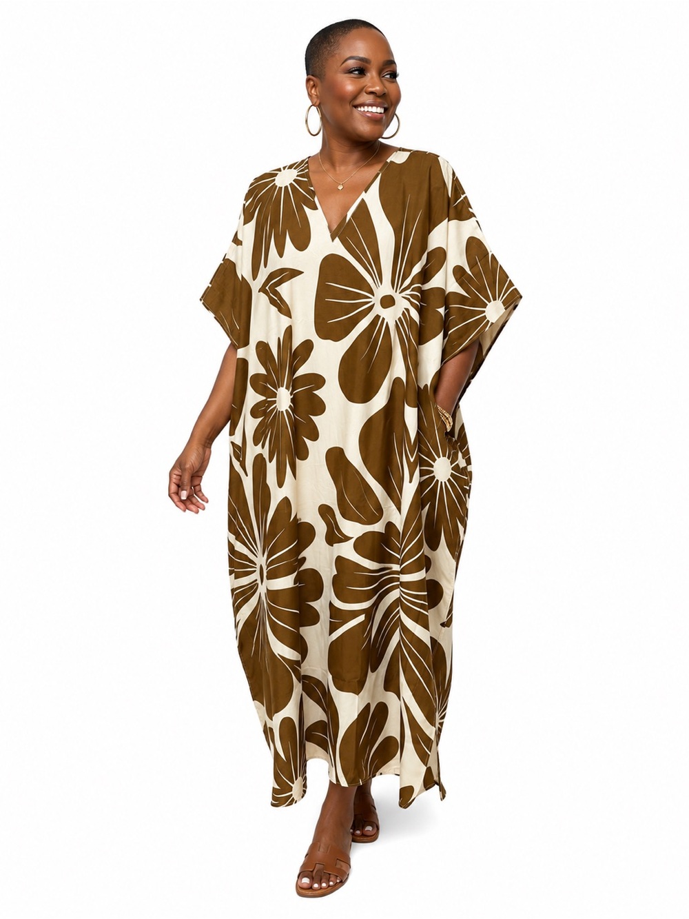 Women's Brown Floral Caftan Swim Cover-Up